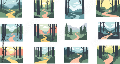 Set of Nine Forest Path Illustrations in Various Seasons and Lighting Conditions
