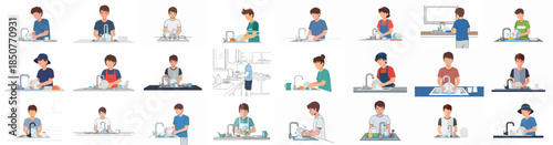 Set of vector illustrations depicting various young men and women washing dishes and doing kitchen cleanup tasks in different poses and styles.