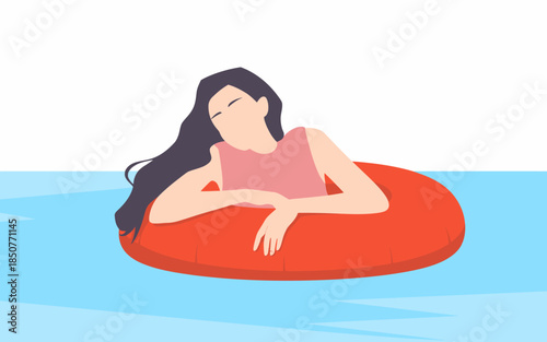 A woman relaxes on a bright pool float in tranquil waters, embodying leisure and the joy of summer days spent enjoying the sun and water.