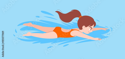 A playful illustration of a young girl swimming energetically in clear blue water, symbolizing the joy of childhood and the refreshing freedom of water activities.