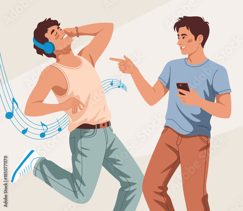 Two young men share a joyful moment as one dances to music while the other watches, capturing the excitement and camaraderie of friendship and enjoyment.