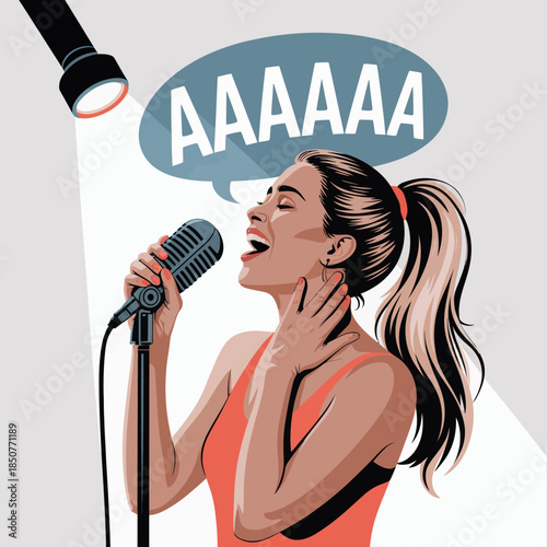 A joyful singer performs on stage, passionately belting out a note into a microphone, showcasing her talent and the vibrant energy of live performance.