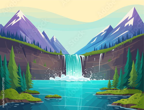This stunning illustration depicts a majestic waterfall cascading into a blue lake amidst a backdrop of towering mountains, showcasing nature's beauty and tranquility.