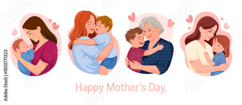 A heartwarming Mother's Day illustration featuring various mothers and their children embracing each other, celebrating love, and family bonds in joyful moments of connection.