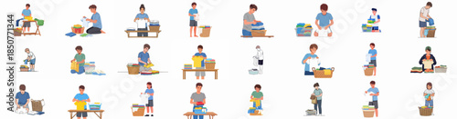 Diverse people folding clean laundry, organizing clothes into neat piles, and performing routine household chores on a white background illustration set.