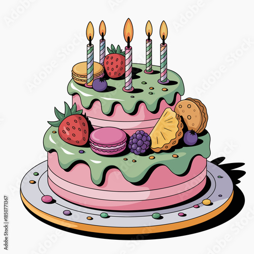 A delightful and colorful birthday cake adorned with candles and fruits, symbolizing celebration, joy, and the sweetness of special occasions in one's life.