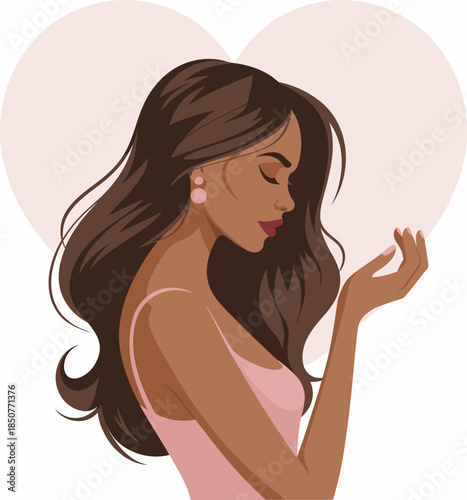 A graceful illustration of a woman with flowing hair, lost in thought while a soft heart-shaped backdrop adds a romantic touch, perfect for celebrating love and beauty.