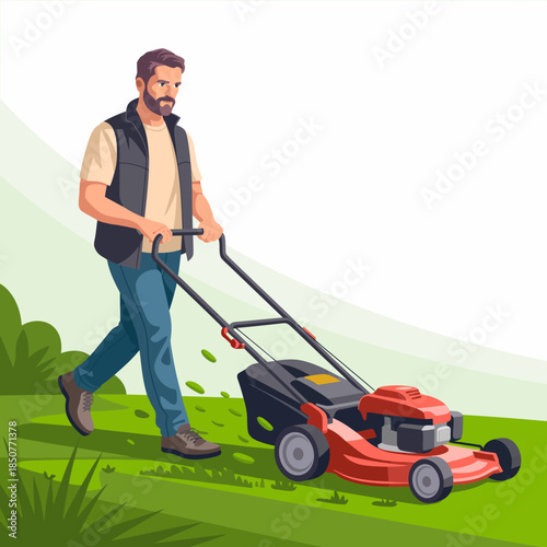 A man is diligently mowing the fresh green lawn, showcasing a bright outdoor scene with a push mower. This image emphasizes landscaping, care, and outdoor activities.