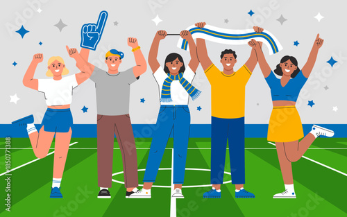 This lively illustration showcases a group of five enthusiastic fans celebrating a sports event, filled with joy, team spirit, and community, in a vibrant stadium setting.