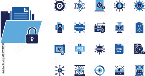 Cyber security threat icons set including malware phishing and zero day virus attacks vector illustration for data protection warning concept graphic