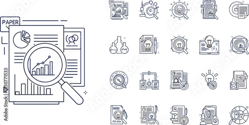 Business analysis line icons set, magnifying glass inspecting financial report, data research concept, SEO auditing illustration, market statistics paper, vector graphic