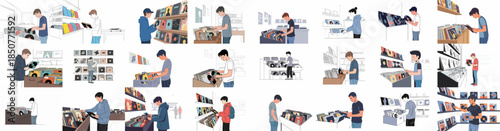 Set of illustrations depicting young adults enthusiastically browsing and purchasing vintage vinyl records and albums at a retro music shop.