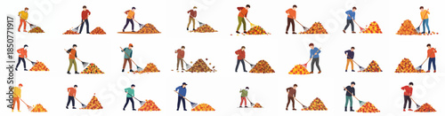 Collection of vector illustrations showing young men raking colorful autumn leaves into large piles, symbolizing fall cleanup and seasonal yard work.