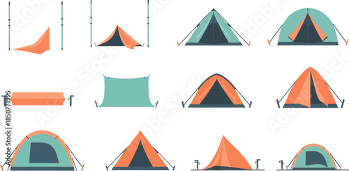 Collection of Modern Camping Tents in Various Styles and Colors for Outdoor Adventure