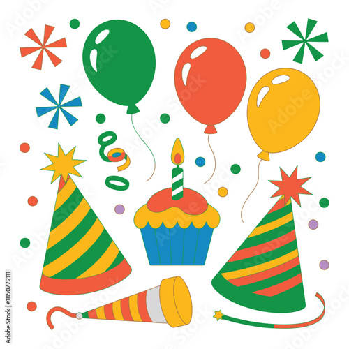 Bright and festive birthday celebration with balloons, cupcake, and party hats