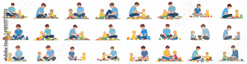 Set of vector illustrations depicting fathers and toddlers playing together with building blocks, balls, and toys, illustrating parental bonding and early child development.