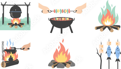 Cooking and Grilling Illustration Set with Fire and Fish on Skewers