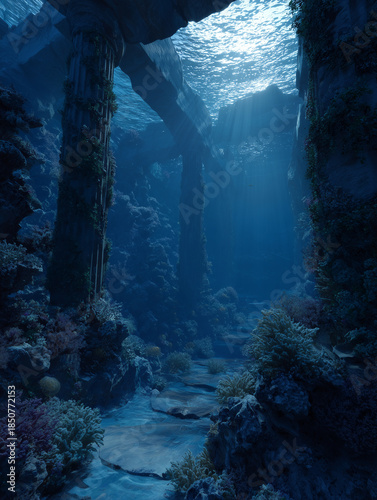 Mysterious underwater ruins illuminated by glowing jellyfish swarms.