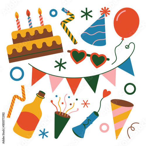 Vibrant collection of festive birthday party elements, including cake, hats, balloons, and confetti.