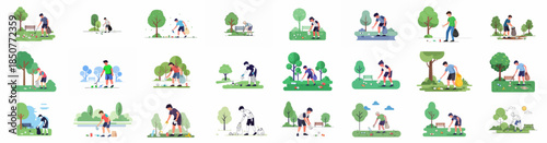 Environmental cleanup collection: People picking up trash and litter in parks, promoting conservation and volunteer service.