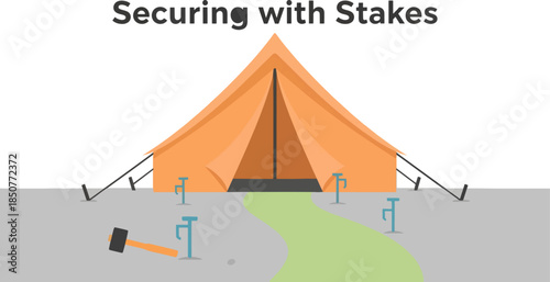 Tent with Stakes and Hammer in Camping Scene