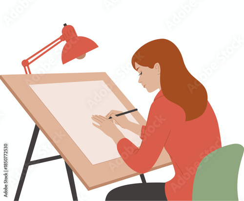 A woman sits at an easel, focused on her drawing while a lamp illuminates her workspace, showcasing creativity, dedication, and artistic expression in a cozy setting.