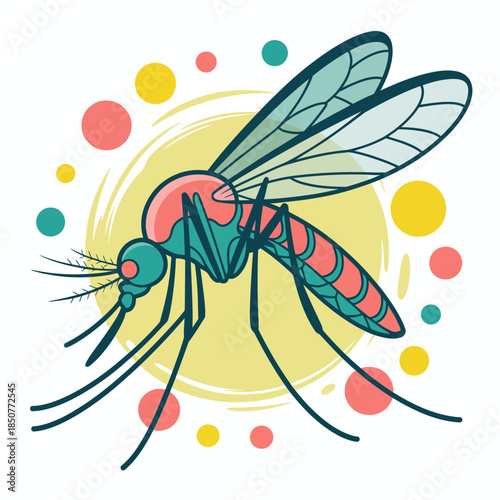 A vibrant and colorful illustration of a mosquito with artistic shapes and colors that captures the essence of nature, insect life, and creativity in a playful style.