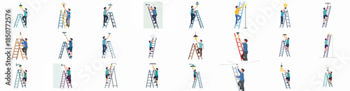 Flat vector set of men changing light bulbs on ladders, depicting repair, maintenance, and installation of lighting fixtures.