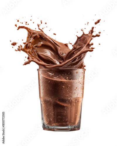 A glass of chocolate milk is splashed with a splash of milk, isolated on a transparent background
