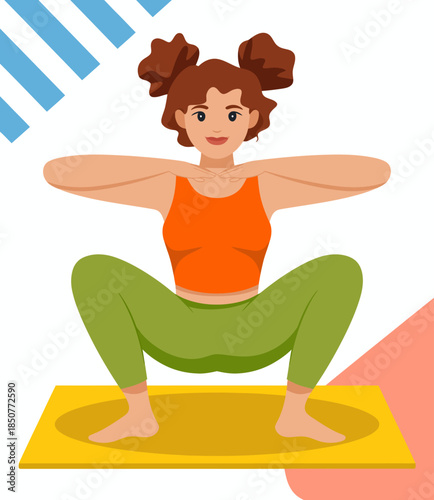 A young woman exercises by performing a squat on a yoga mat, exemplifying physical fitness and the commitment to a healthy lifestyle in a vibrant home setting.