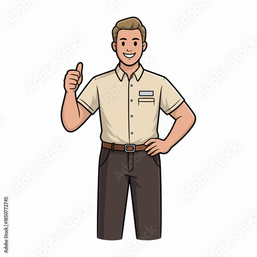 The image depicts a smiling young man in a light-colored shirt giving a thumbs-up gesture, reflecting positivity and confidence in a friendly cartoon style.