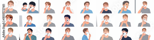 Male Shaving Routine Vector Set: Detailed illustrations showing diverse young men applying foam and using a razor blade for daily facial hair grooming.