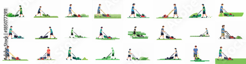Various Illustrations of Men Mowing the Lawn and Cutting Grass with Different Push Lawnmowers, Yard Work and Gardening Activities.