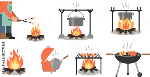 Cooking over Fire with Cast Iron Pots and Grills in Outdoor Setting