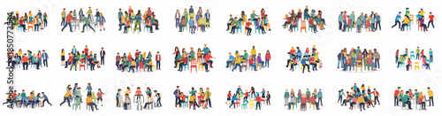 Diverse collection of group dynamics illustrations showing people sitting, collaborating, discussing, and playing games like musical chairs in social settings.