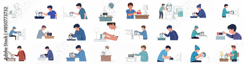 Diverse vector illustrations of men interacting with alarm clocks, setting morning routines, and managing time in the bedroom environment.