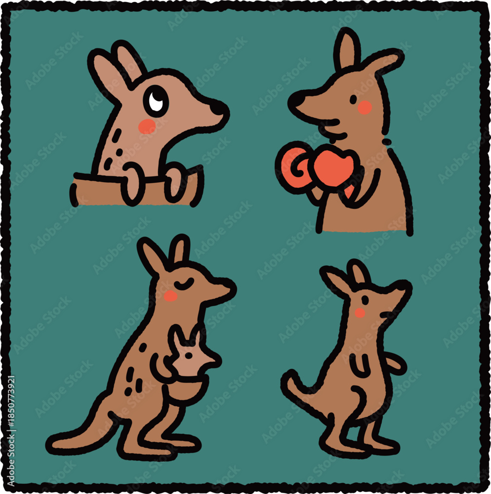 Obraz premium Cute Hand-Drawn Kangaroo Illustration Set – Cartoon Wild Animal Design