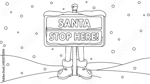 Charming Winter Holiday Coloring Book Design Snowy 'Santa Stop Here!' Signpost for Children's Creative Activity Fun