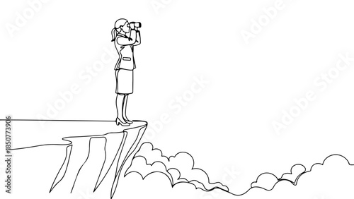 Continuous line drawing illustration of a businesswoman on a cliff looking through binoculars, symbolizing future vision, strategic foresight, and ambitious leadership