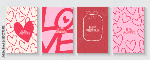 Valentines Day greeting card Creative concept. Trendy minimalist design with hearts hand drawn doodle style and frames, valentine day template for promotional sale, background, banner or landing page.