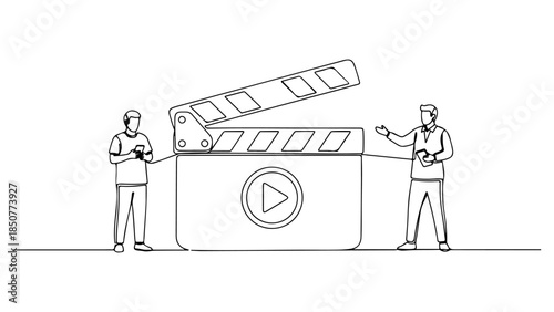 Creative filmmaking team concept with a large clapperboard and play button, depicted in a modern continuous line drawing for media