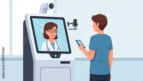 Man interacting with telemedicine kiosk featuring virtual doctor consultation