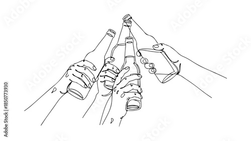 Celebratory group toast with clinking bottles, beautifully rendered in a striking continuous line drawing style, perfect for modern design