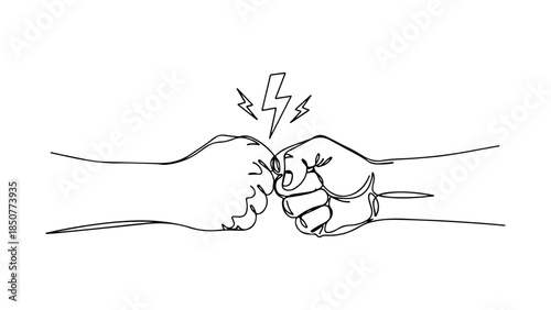 Continuous line drawing depicting two fists bumping, energized by a lightning bolt, symbolizing power, agreement, and strong connection