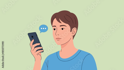 A young man holding a mobile phone and reading a message with a thoughtful expression from a close-up viewpoint