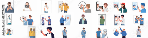 Diverse young people taking mirror selfies and regular photos with smartphones, set of flat vector illustrations depicting digital life and self-documentation.