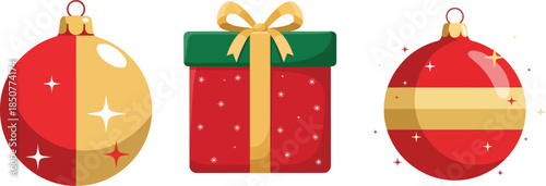 Festive Ornaments and Gift Box: A charming composition showcasing the festive spirit with brightly colored ornaments and a beautifully wrapped gift box, perfect for holiday-themed projects.