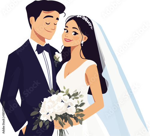 A smiling bride in a beautiful dress holding a bouquet and her husband in a suit share a romantic kiss, celebrating their wedding day together with love and happiness as a married couple