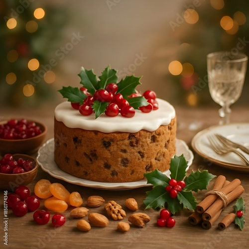 Wallpaper Mural raditional Christmas Fruitcake with Holly and Warm Lights Torontodigital.ca