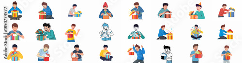 Excited Young Men and Teenagers Opening Gifts Vector Set. Illustrations of Boys Celebrating and Unwrapping Presents with Joy and Surprise.